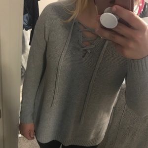 Gray lace up sweater